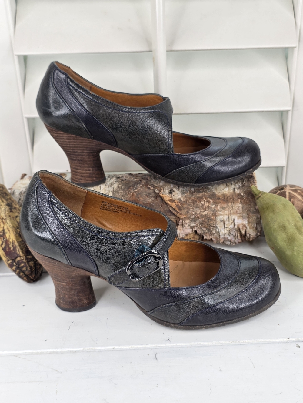 Naya Jupiter Mary Jane Chunky Heels - Navy Blue-Green - Size 8W